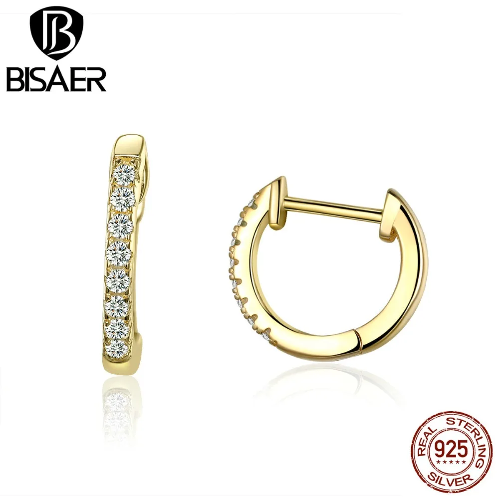 BISAER 925 пробы серебряные Кристальные простые круглые серьги гвоздики для женщин
