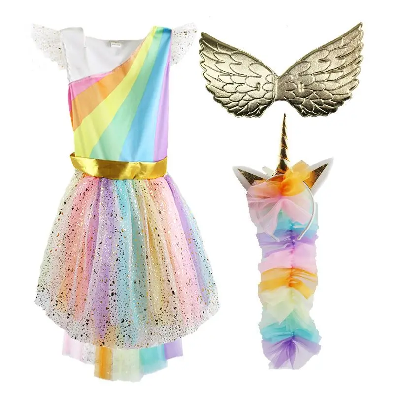 

Kids Cosplay Costume for Girl Unicorn Dress Up Rainbow Party Dancing Tutu Dress Children Christmas Pageant Tulle Dress with Wing