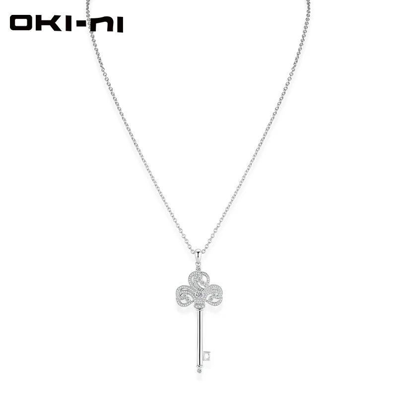 

OKI-NI Real 925 Sterling Silver 5A White Zircon CZ Pave Set Flower Key Pendant Choker Chain Sweater Necklace for Women XL-YJM-27