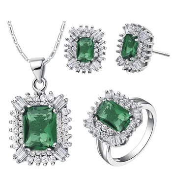 

925 Sterling Silver Square Jewelry Sets Rhinestone Austrian Crystal Earring Necklace Pendant Ring Party Jewelry Set for Women