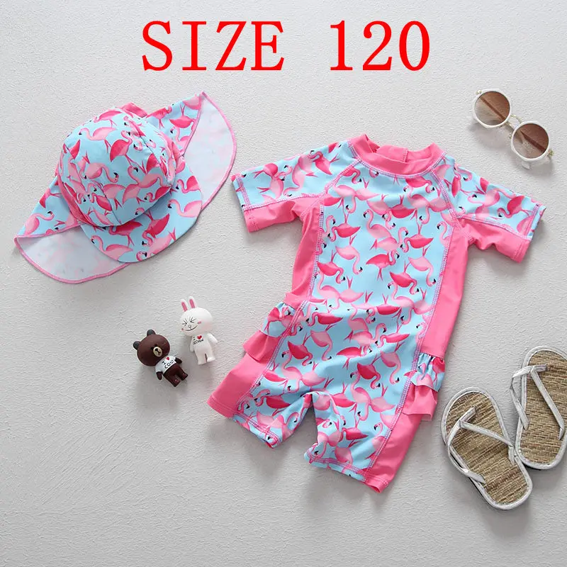 Детский купальный костюм с принтом фламинго, детский купальный костюм, Цельный Детский купальный костюм с защитой от ультрафиолета для девочек, пляжная одежда для плавания для девочек - Цвет: SIZE 120
