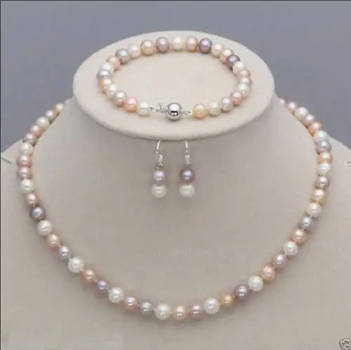 

Free Shipping >>>>> New 7-8mm White Pink Purple Freshwater Pearl Necklace Bracelet Earrings Set