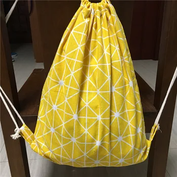 

YILE Cotton Linen Drawstring Travel Backpack Student Book Bag Yellow Geometry 1215-1