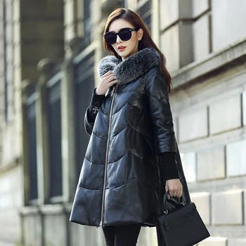 

Winter Warm Hooded Down Women's Leather Jacket 2020 New Fashion High quality Leather & Suede Genuine Leather Coat NUW252