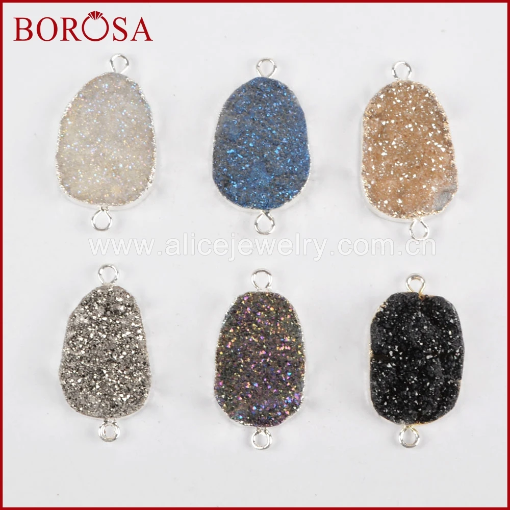 

BOROSA 5pcs Druzy Crystal Connector Charm, Wholesale Silver Color Rainbow Titanium Druzy Connector for DIY Jewelry S1312