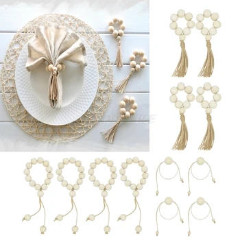 

OOTDTY 4Pcs Natural Wooden Bead Napkin Rings For Weddings Home Decor Table Decoration