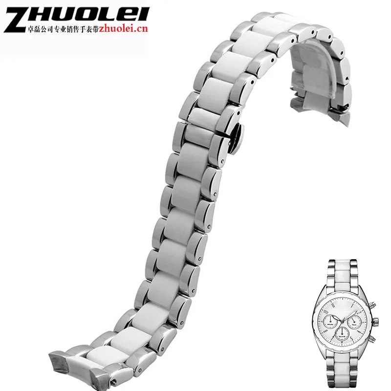 

High quality For AR5940 Watchband 20mm curved end Silver Stainless Steel Metal With white Rubber Straps for women's Bracelet