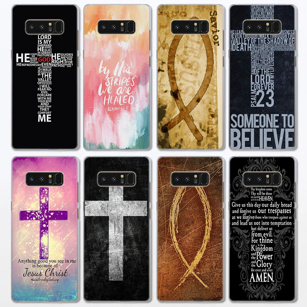 

Bible Jesus Christian Cross Pattern clear frame hard Back Case Cover for Samsung Galaxy Note 8 Note 5 4 S6 S7 S8 S9 Plus