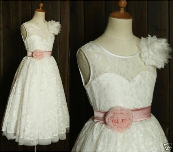 

2015 New Lace Flower Girl Dresses with Sashes V-Back Ball Party Pageant Dress for Wedding Little Girls Kids/Children Dress