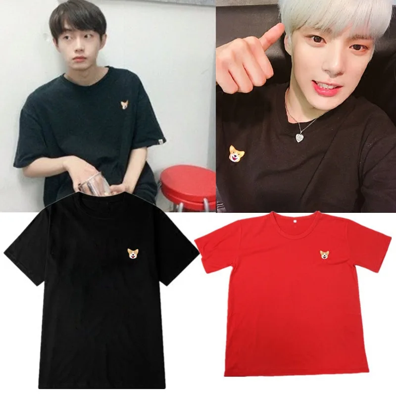 

Wanna one Jinlongguo MONSTA X Lee Meng-pet Cokee Dog the same short-sleeved T-shirts female couples dress up