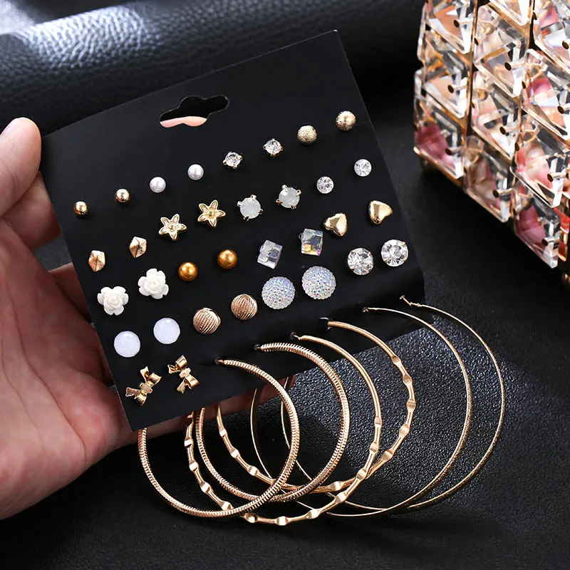 

20 Pairs/set Fashion Crystal Star Bow Heart Flower Small Stud Earrings For Women 2019 Trendy Gold Round Circle Earring Set Mix