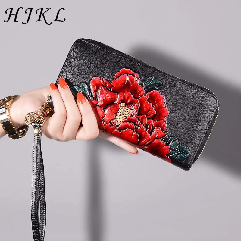 

HJKL New Chinese Style Genuine Cow Leather Standard Women's Long Wallets Peony Floral Holders High Quality Multi-function Purse