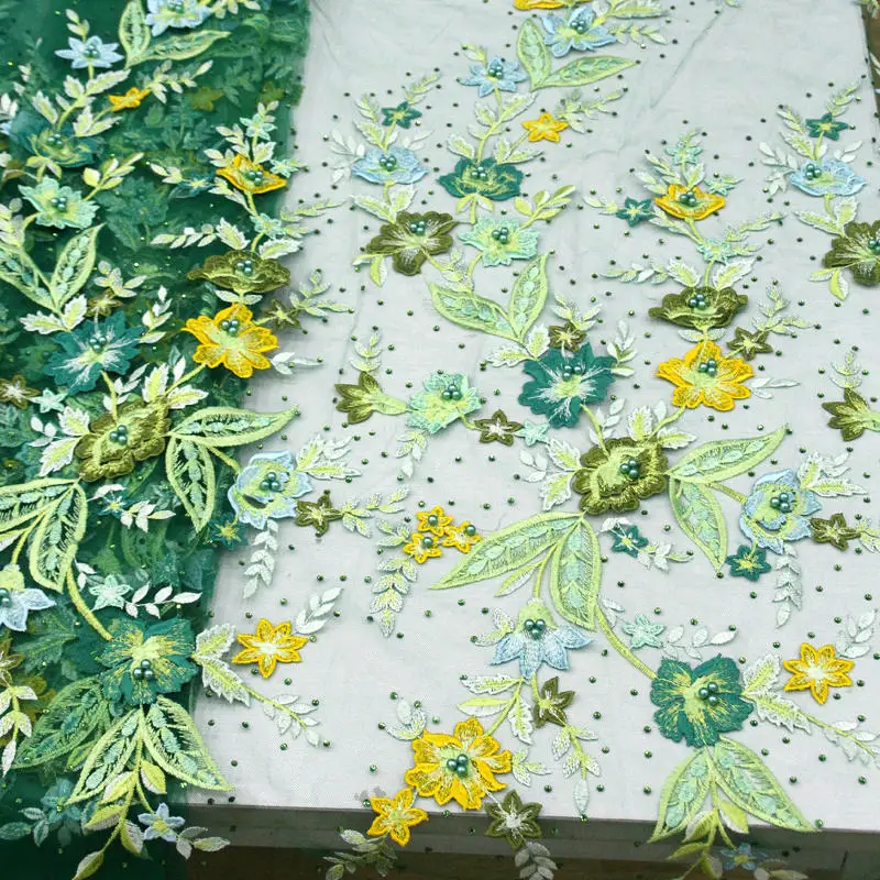 

African Lace Fabric 2019 High Quality Lace Green 3d Applique Embroidery Tulle French Lace Fabric with stones and beads RG040