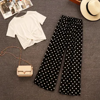 

New Summer Fashion Women's Sets O Neck Short Sleeve T-shirts + Polka Dot Wide Leg Long Trousers Female Suits Top and Pants