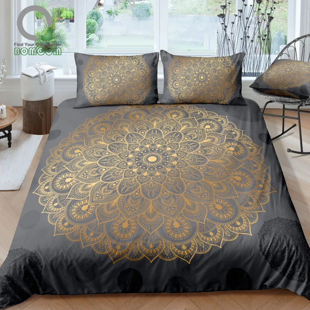 

BOMCOM 3D Digital Printing Golden Mandala Flower BOHO Gypsy Yoga Duvet Cover Sets 100% Microfiber Gray