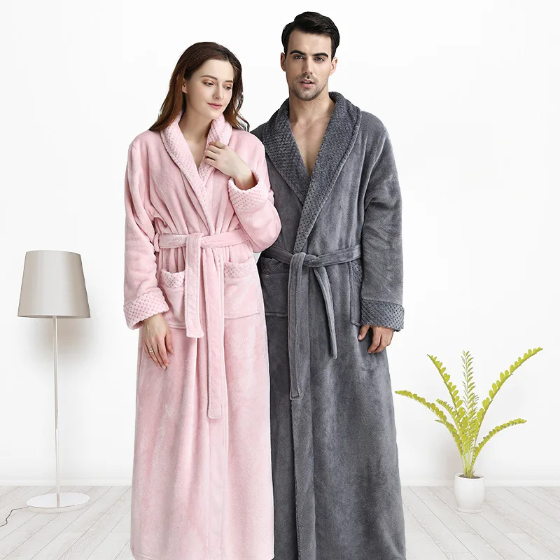 

Winter Garment Flannel Spliced Nightgown Long Size Increased Thickness Men and Women's Nightgown Bathrobe