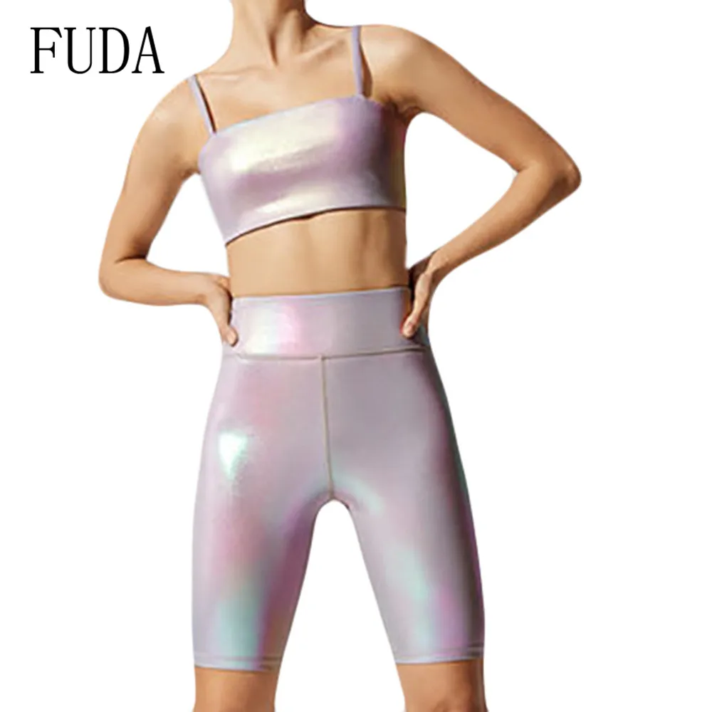 

FUDA Street Trend High-elastic Sling Umbilical Tight-fitting Colorful 2 Pieces Sets Playsuits Summer Sexy Sleeveless Jumpsuits