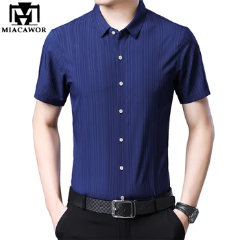 

MIACAWOR Shirt Men Solid Colors Dress Shirt Men Summer Short Sleeve Casual Shirts Slim Fit Camisa Masculina C506