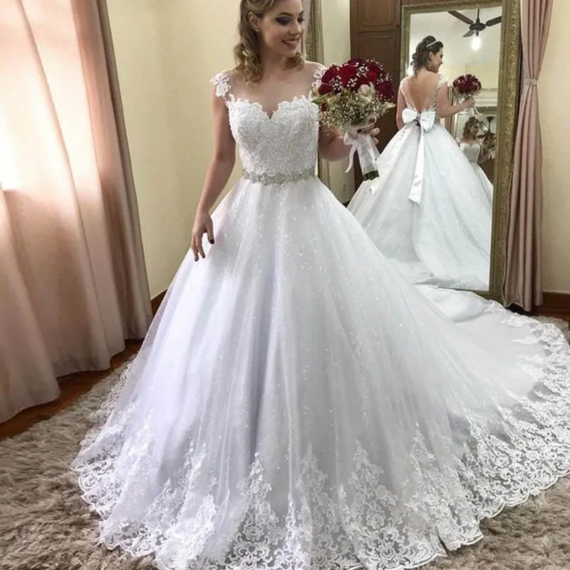 

Lover Kiss Vestido De Noiva Stunning Sequined Lace Wedding Dress Cap Sleeves Beaded Sash with Bow Bridal Gowns Plus robe mariee