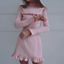 Lady Mode Ruffles Ramping Elegan A-Line Dress 2018 Musim Panas Wanita Turtleneck Panjang Lengan perempuan Mini Party Dresses Pernikahan &
