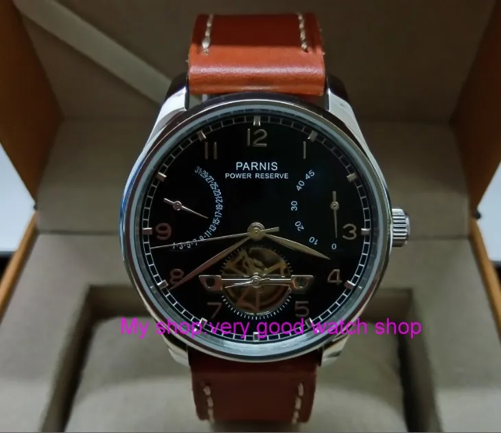 

43mm PARNIS black dial power reserve Automatic Self-Wind Mechanical movement men's watch 100% Genuine leather strap zdgd147A