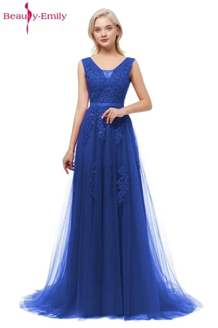 Robe De Soiree, сексуальное длинное вечернее платье с v-образным вырезом на спине, с аппликацией, высокое качество, без рукавов, вечерние платья для выпускного вечера, доступно много цветов - Цвет: Синий