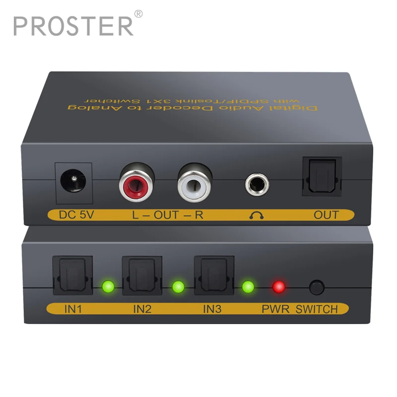 Proster 3 порта оптический SPDIF Toslink к L/R RCA 3,5 мм стерео аудио с оптическим переключателем цифро-аналоговый аудио адаптер декодера