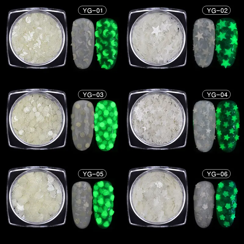 1 г/кор. светящийся люминесцентный Блестки для нейл Арта(искусство украшения ногтей) ультратонкие блестящие хлопья для ногтей светится в темноте 3d Фэнтези блестка DIY украшения
