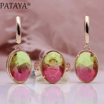 

PATAYA New Oval Long Earrings Ring Sets 585 Rose Gold Women Fashion Wedding Party Noble Multicolor Natural Zircon Jewelry Sets