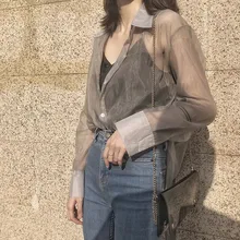 *#Best Price Women Button Transparent Blouse Summer Tulle Sheer Top 2019 Turn-Down Collar Casual Long Sleeve Through Shirt *#Best Price Women Button Transparent Blouse Summer Tulle Sheer Top 2019 Turn-Down Collar Casual Long Sleeve Through Shirt
