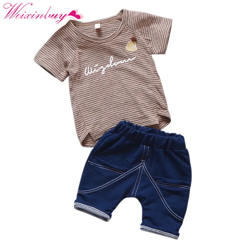 Одежда для маленьких мальчиков Модный комплект одежды в полоску для малышей, 2 предмета, модная футболка для мальчиков летний топ, пляжные джинсовые шорты, футболка+ джинсовые шорты