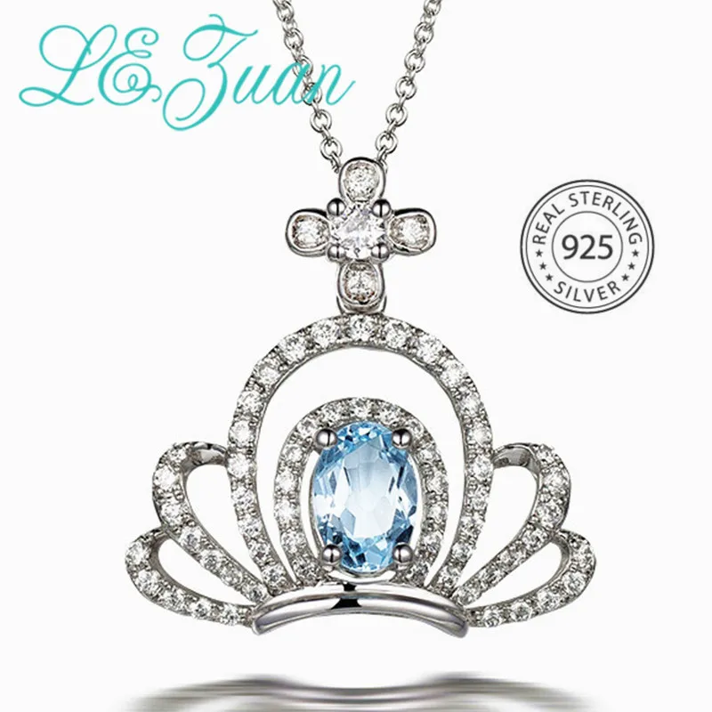 L& zuan натуральный 0.9ct ГОЛУБОЙ ТОПАЗ корона кулон для женщин 925 стерлингового серебра белый циркон ожерелье с камнями женские ювелирные изделия подарок