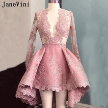 JaneVini сексуальный v-образный вырез асимметричный подол коктейльные платья Длинные рукава Кружева Аппликации молния сзади длиной до колена вечерние платья большого размера