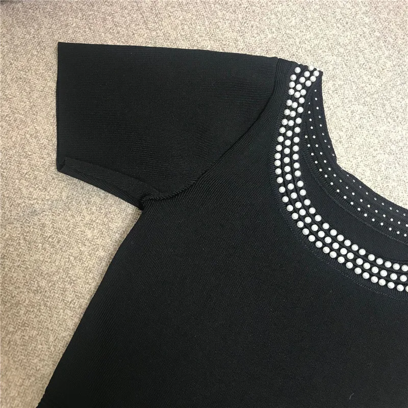 Роскошное дизайнерское Брендовое вязаное Хепберн черное платье для женщин О-образный вырез Бисероплетение трикотажное ТРАПЕЦИЕВИДНОЕ ПЛАТЬЕ