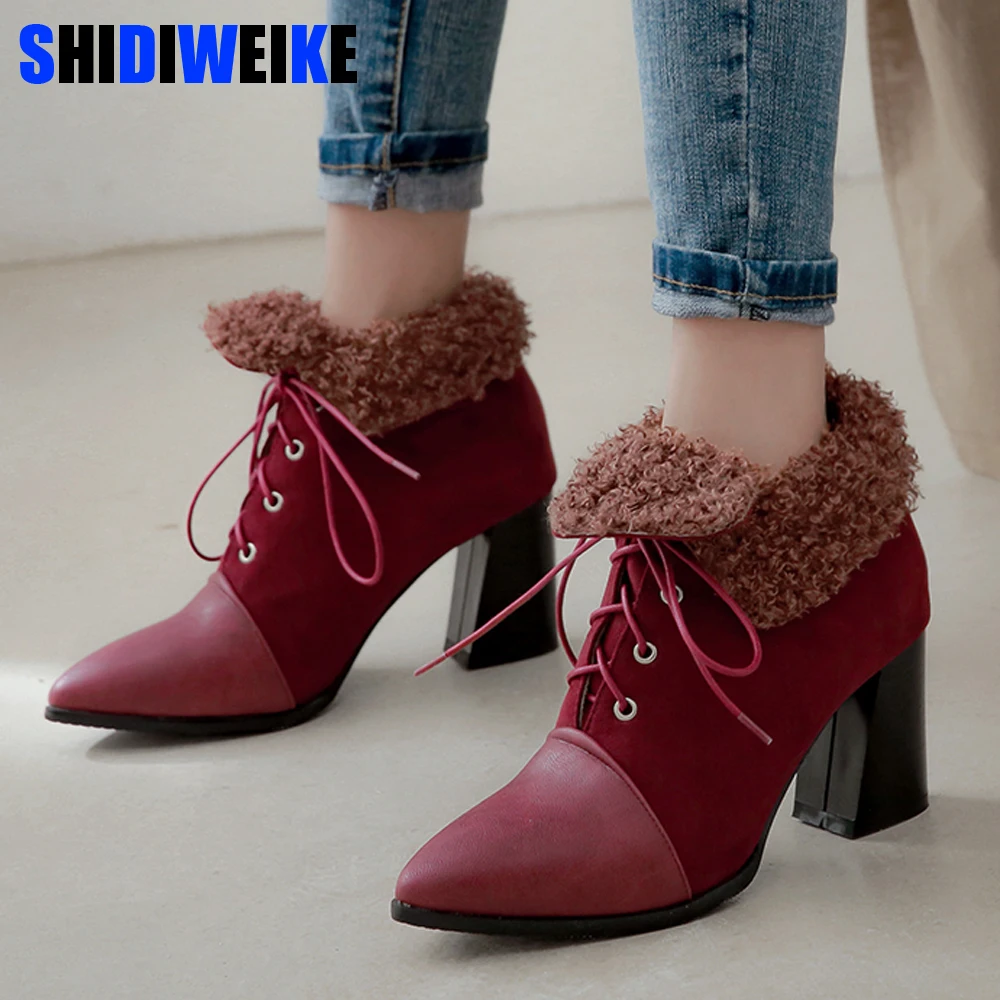 

High Heel Boots Woman Flock PU Leather Ankle Boots Sexy Pointed Toe Cross-tied Square heel Party Boots 2019 New Autumn Winter