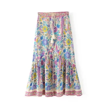 

New Women's Bohemian Skirt Long Peacock Print Ruffle Sash 2019 Summer Female Elastic High Waist Button Skirts 50S Party Clothing