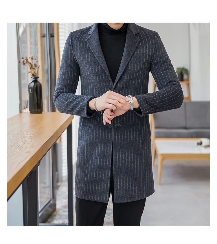 Зимний мужской Модный деловой двубортный шерстяной Тренч, мужская куртка, повседневные полосатые пальто, шерстяная Мужская ветровка, размер M-3XL