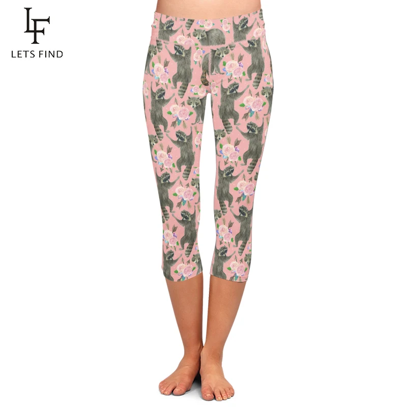 LETSFIND New Arrival 3D Cartoon Raccoon and Flowers Printing Pink Pants Women Comfortable Capri Legging High Waist Plus Size