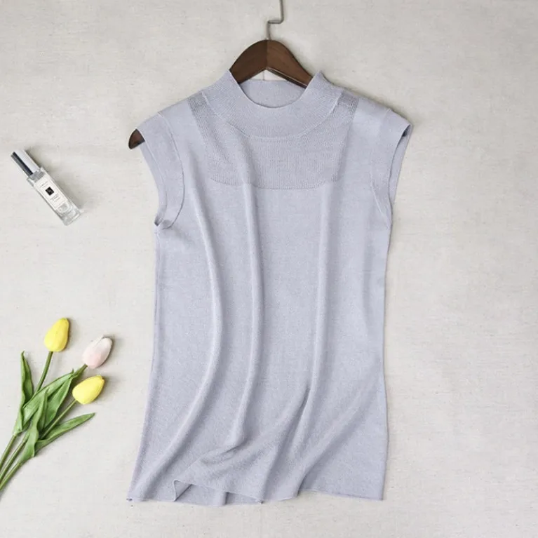Womens Sleeveless Solid Knitted Mesh Blouses 2019 Summer Ladies Elegant Fashion Stand Collar Mesh Feminine Woman Korean Tops