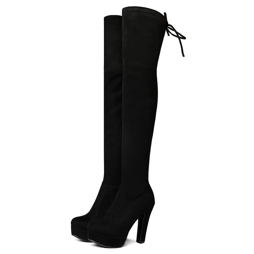 QUTAA/ г. Женские ботфорты пикантная женская обувь для вечеринок на высоком квадратном каблуке с эластичной лентой черные офисные зимние теплые сапоги, размер 34-43