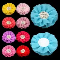 120 ピース/ロット 4 "15色ビッグ シフォン花+ ラインストーンパールボタン用ヘア アクセサリー人工ファブリック花鉢巻き
