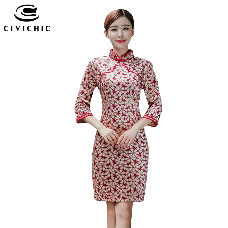 

CIVICHIC Women Autumn Winter Retro Fashion Chinese Cheongsam Velvet Low Slits Dress Female Elegant Print Vestidos De Festa QP121