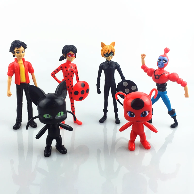 6PCS Set Miraculous Ladybug Cat Noir Adrien Marinette Plagg Tikki PVC Figures Boneca Set Doll Kids