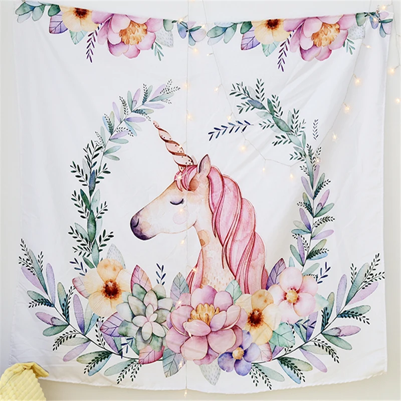 

Unicorn Tapestry Watercolor Print Wall Hanging for Girl Flower Life Wall Carpet New Year Decoration