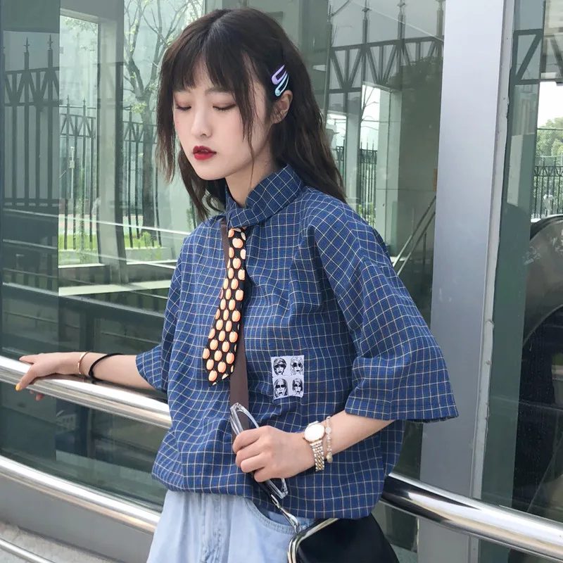 2 цвета Mihoshop Ulzzang Корейская женская модная одежда летняя с отворотом в клетку