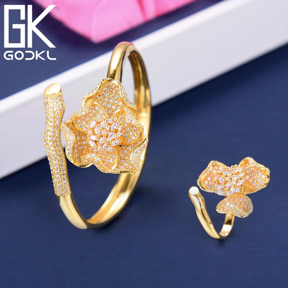 

GODKI Trendy Luxury Flowers Cubic Zircon Crystal CZ Engagement Bangle Ring Sets For Women Wedding African Statement Jewelry Sets