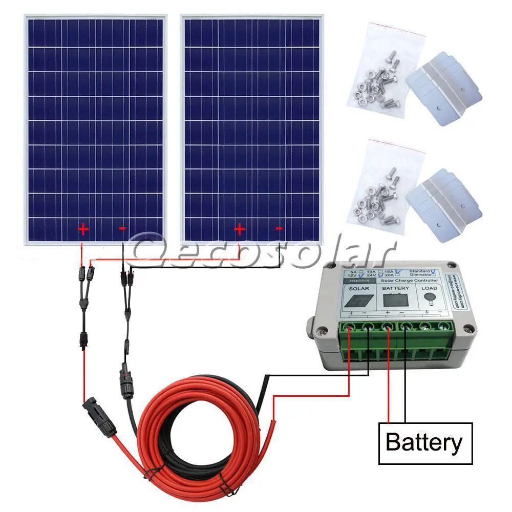 

200w off grid solar system with 2 piece 100w solar panel, solar cell panel & mounting, charge 12v/24v battery of RV boat, car