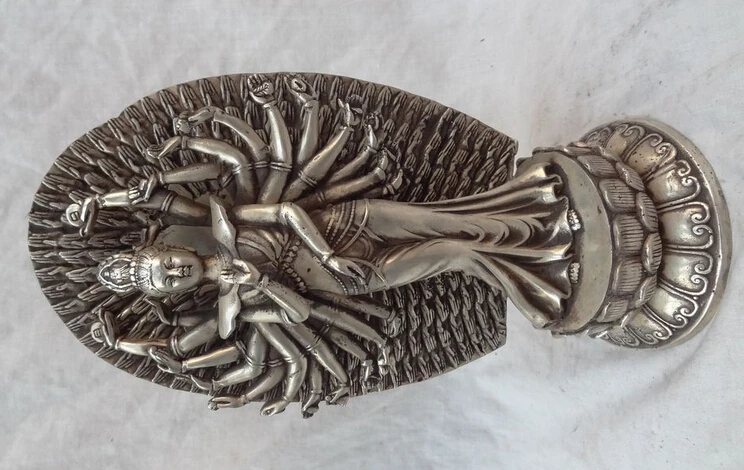 

dr610 10" Tibet Silver Buddhist 1000 Arms Avalokitesvara Buddha China Kwan-Yin Statue