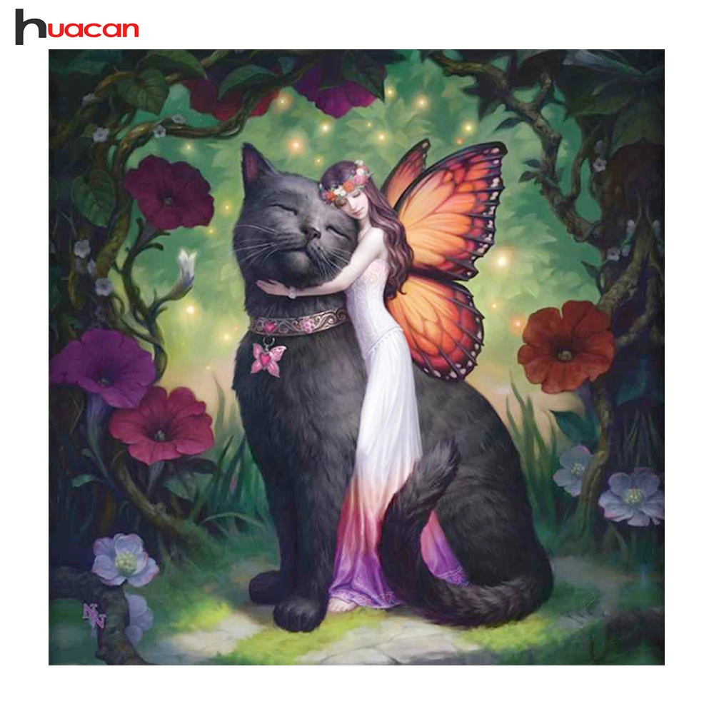 

HUACAN Diamond Embroidery Princess and Cat Full Round Mosaic Crystal Diamond Painting Cross Stitch Home Decorative