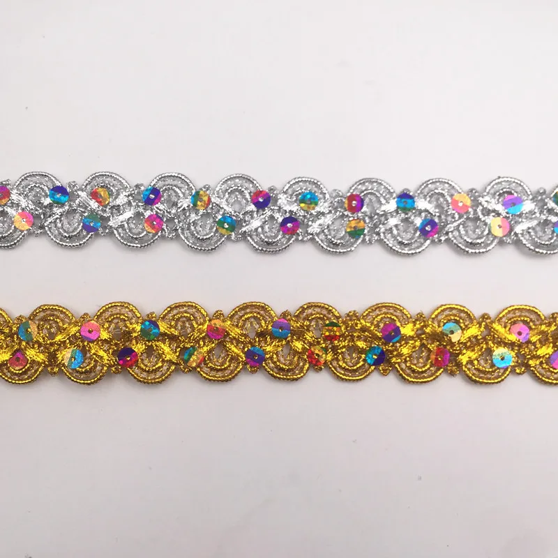 

Free Shipping 5Yard/lot 2cm Gold /Silver Bling Paillette Lace Trims With Sequins Embroidery Wedding Dress Decor Lace Applique